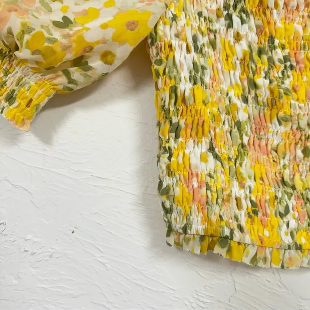Astr Yellow Ditsy Floral Puff Sleeve Blouse Womens M Smocked Romantic Coquette